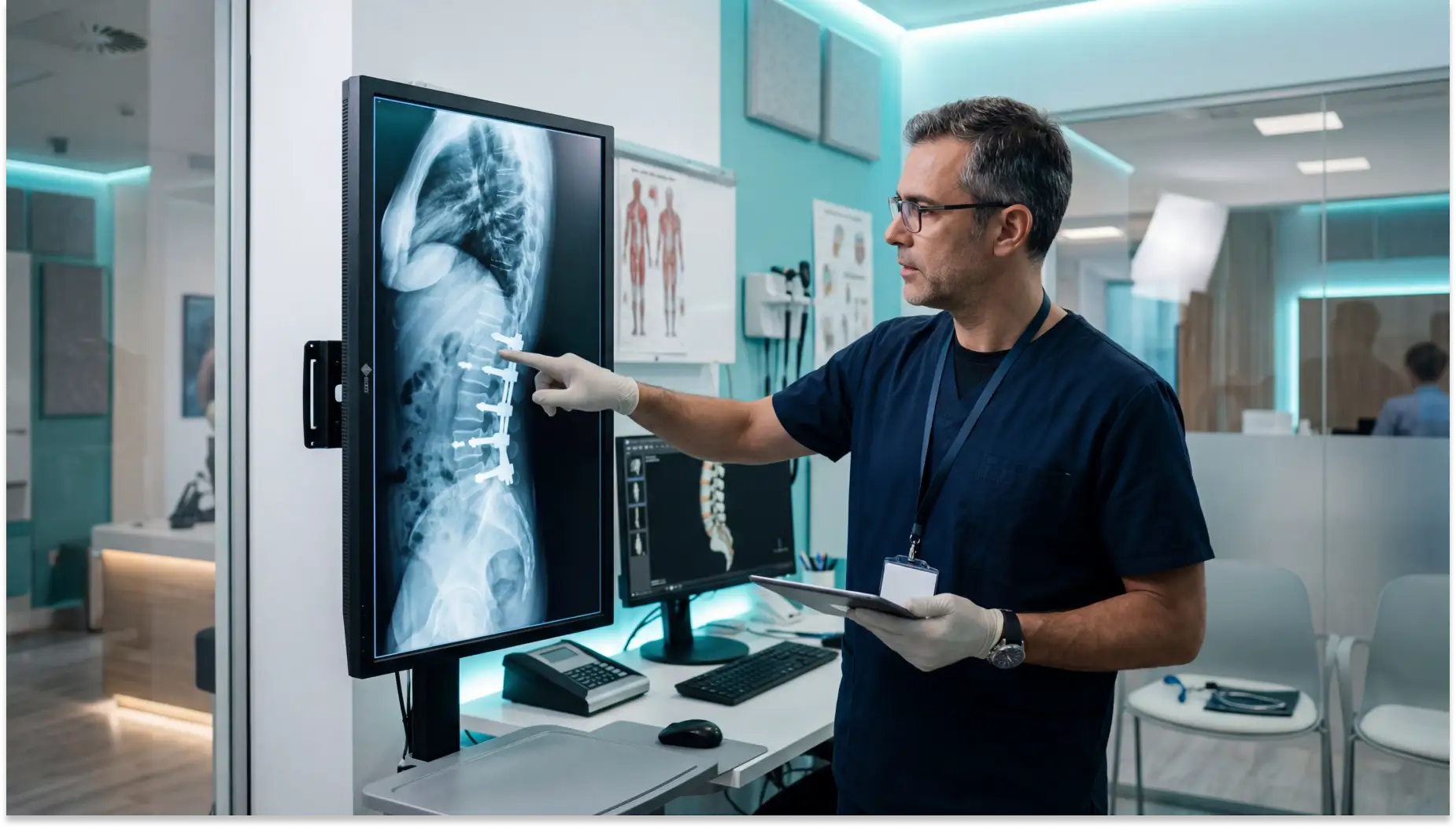Médico radiologista em CID-11 FA82 consultório analisando uma radiografia no monitor de computador, com exames anatômicos exibidos em telas ao fundo e equipe em ambiente clínico