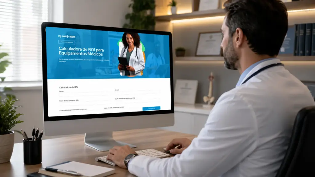 Médico em escritório analisando na tela do computador uma Calculadora de ROI para Equipamentos Médicos, com formulário para preencher e calcular investimento.