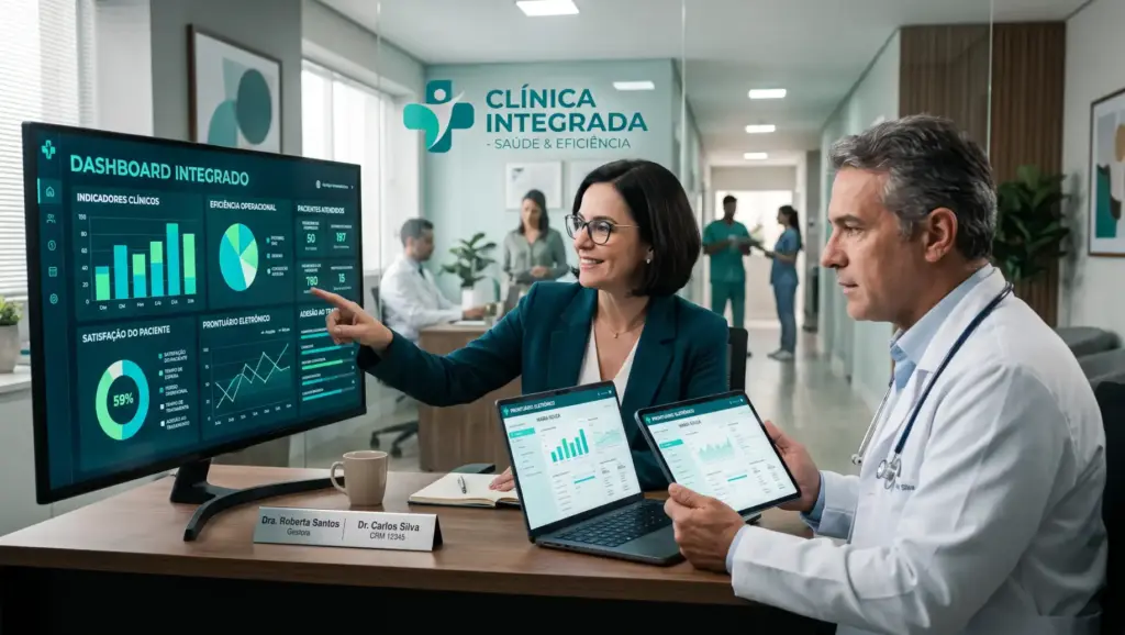 Médica e médico em clínica analisam um dashboard integrado com gráficos de desempenho em monitores, enquanto acessam relatórios em tablets e computadores. Área de saúde e eficiência.
