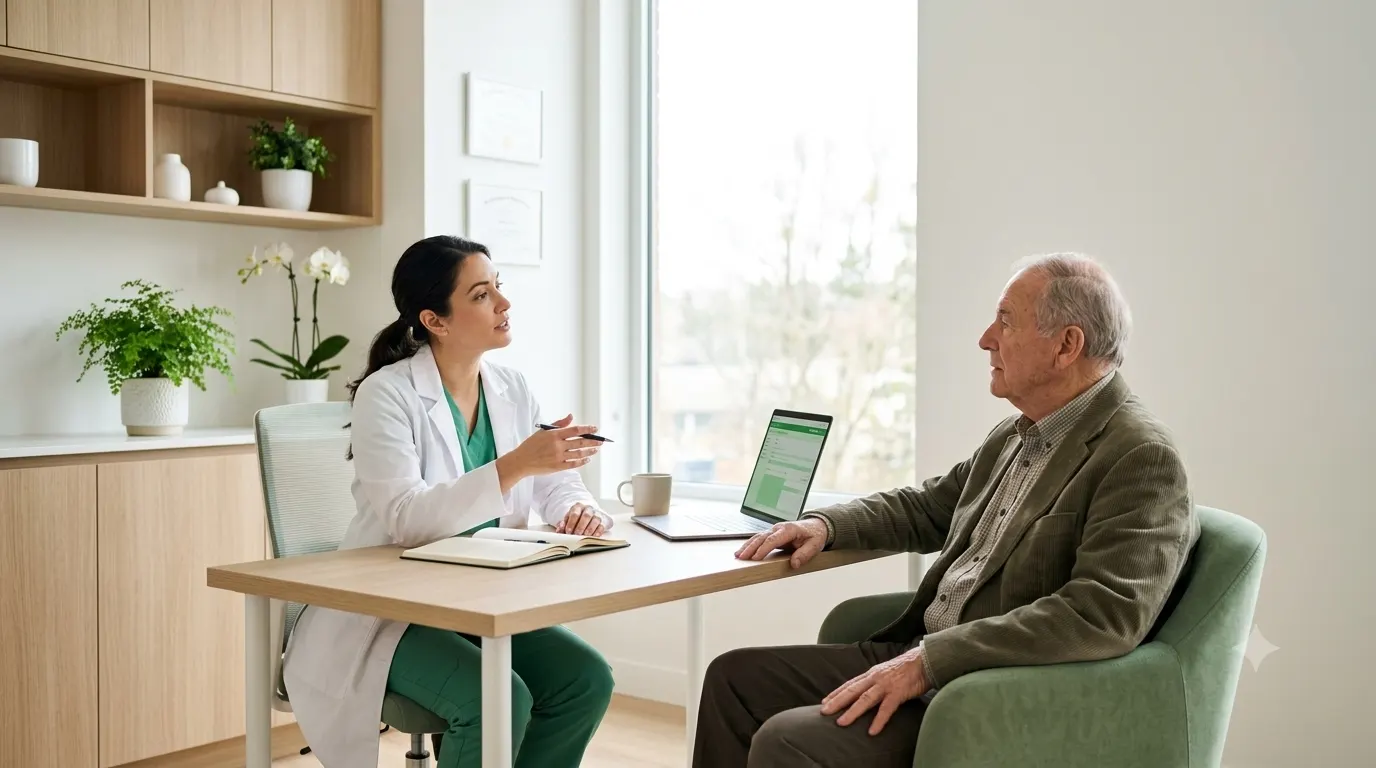 Melhorias Junho 2026 : profissional de saúde em consultório conversa com um paciente idoso, enquanto utiliza um tablet com informações médicas durante a consulta.
