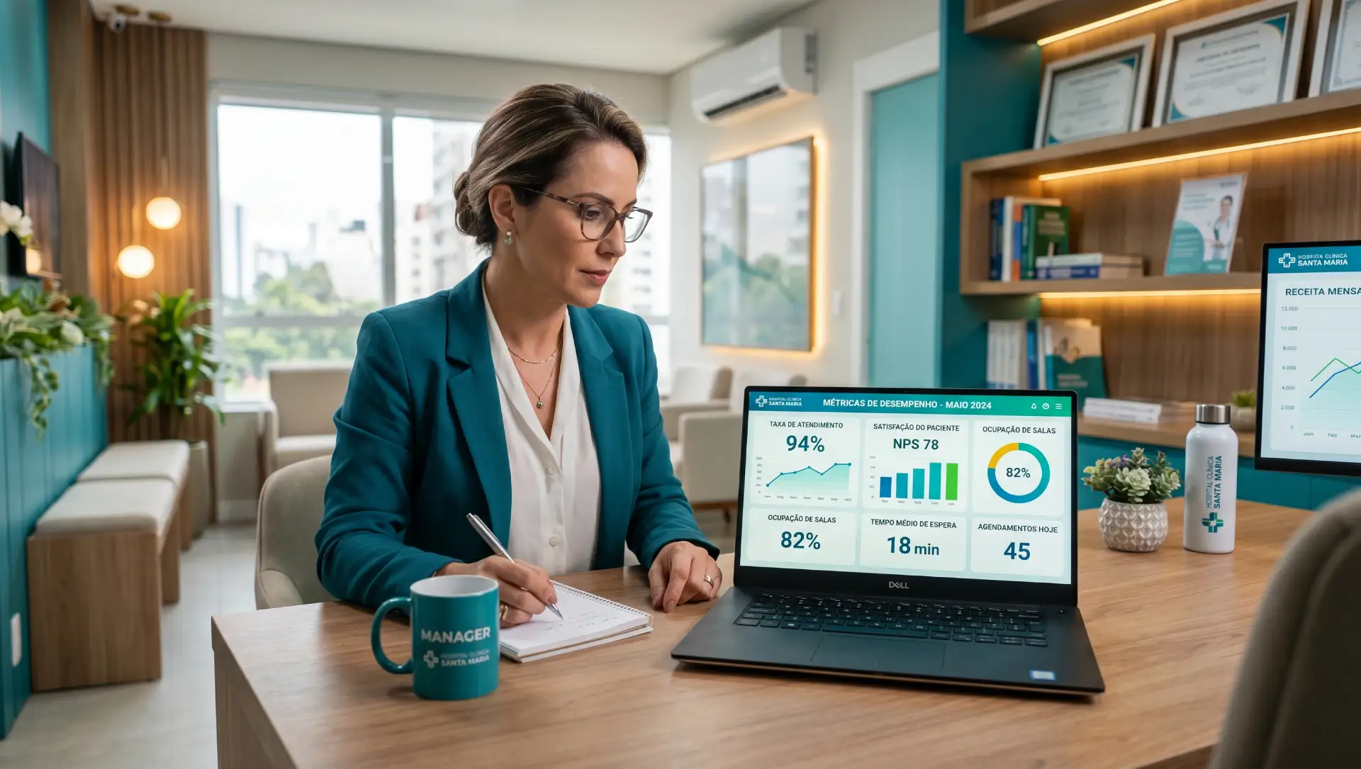 Mulher em escritório administrativo analisando indicadores para clínicas em um painel de métricas no notebook durante reunião, com gráficos de desempenho, metas e indicadores como NPS, além de caneca e documentos sobre a mesa.