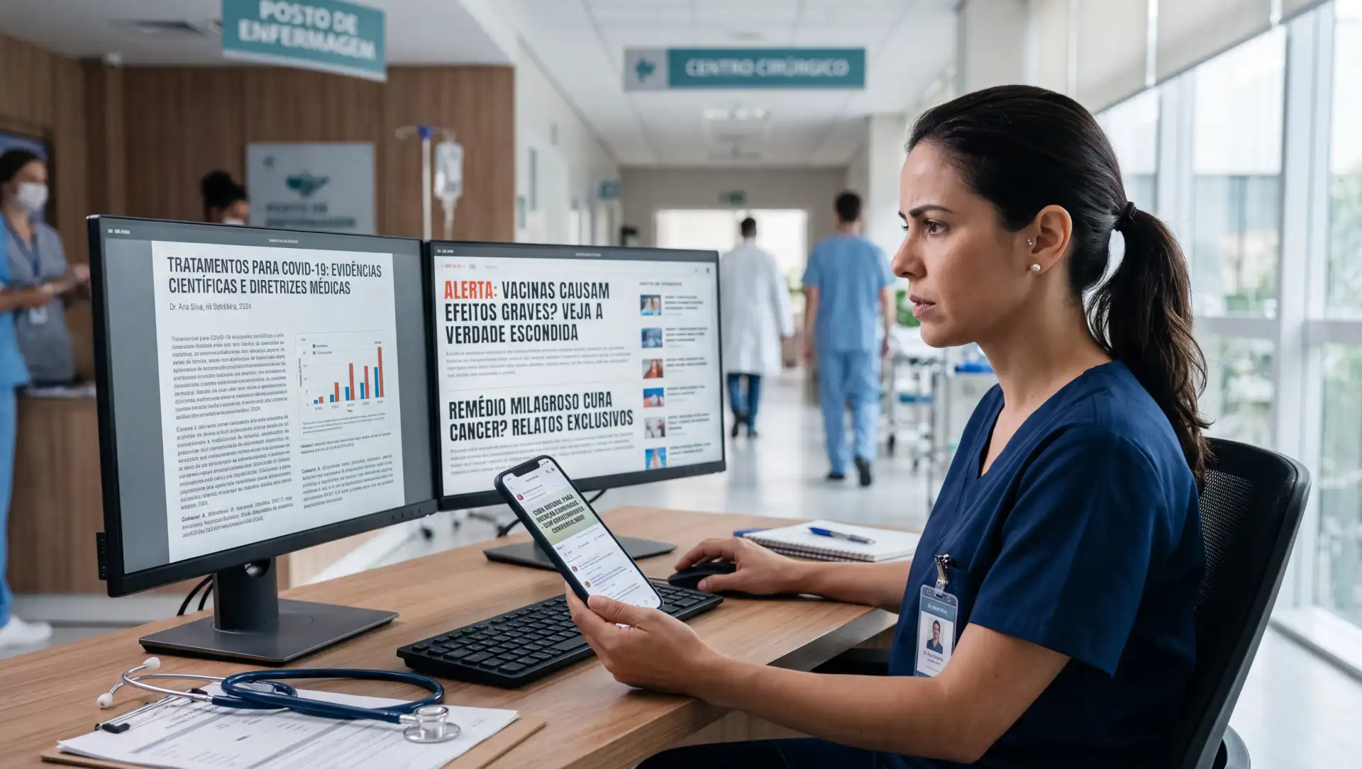 Mulher em clínica/hospital consulta informações em celular enquanto analisa telas com gráficos e alertas sobre saúde; cenário corporativo com foco em desinformação e verificação de dados.
