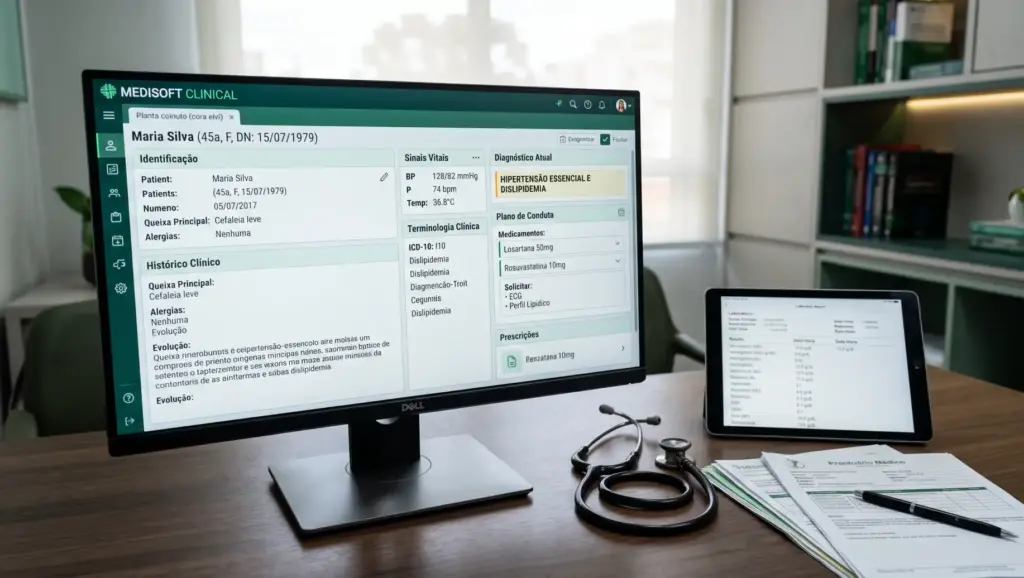 Tela de sistema clínico com prontuário e diagnóstico em consultório médico, com monitor, tablet, estetoscópio e documentos sobre a mesa