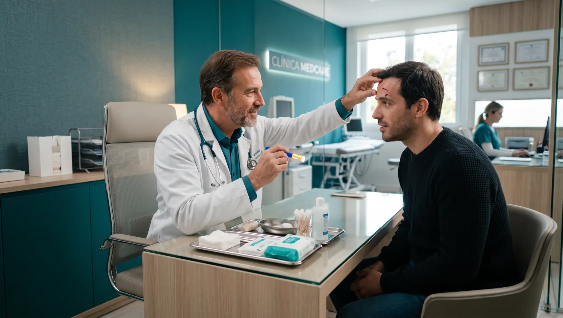 CID-10 S00: Médico examina um paciente em consultório, ajustando a mão na região da cabeça durante avaliação clínica. Foto com ambiente de clínica médica.