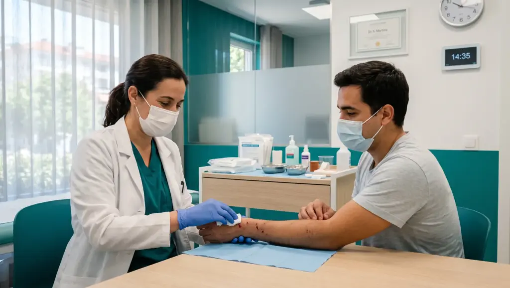 CID-10 W54: Médica em consultório com jaleco e máscara, usando luvas azuis, realizando procedimento com paciente durante avaliação clínica; ambiente e materiais de enfermagem ao fundo
