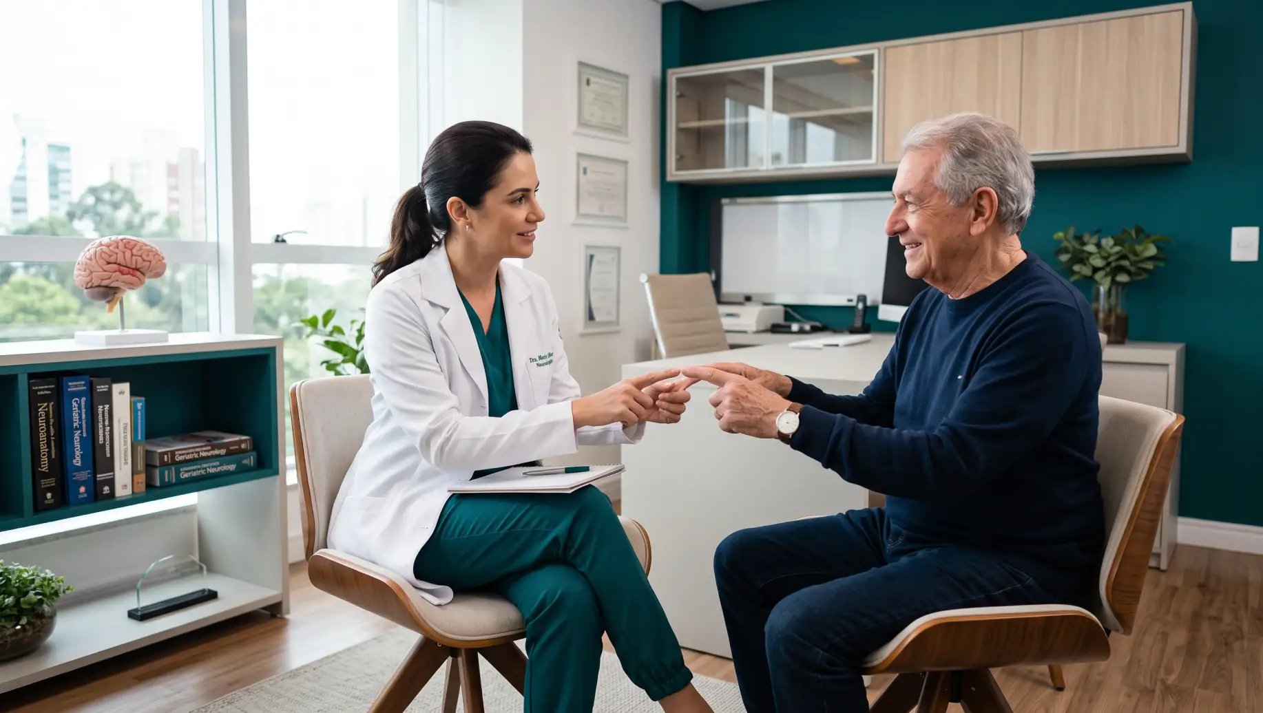 Médica em consultório conversa com paciente idoso durante avaliação clínica, em cenário de atendimento de saúde. CID-10 G20