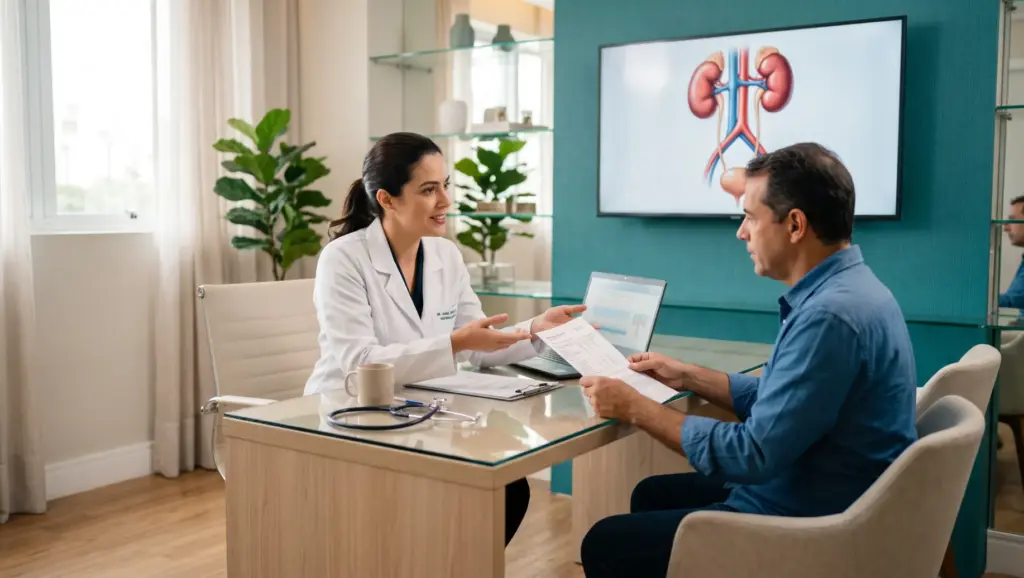 Médica em consulta com paciente em consultório, revisando exames e prontuário, com ilustração de rim e vias urinárias em tela; CID-10 N11 ao fundo.