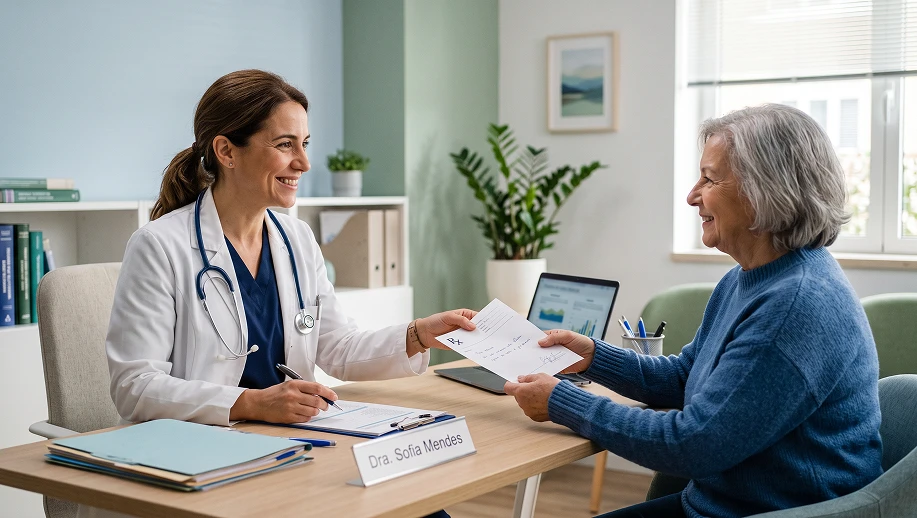 CRM Médico: médica sorridente em consultório conversa com paciente idosa sentada, enquanto analisam documentos e dados em tablet na mesa