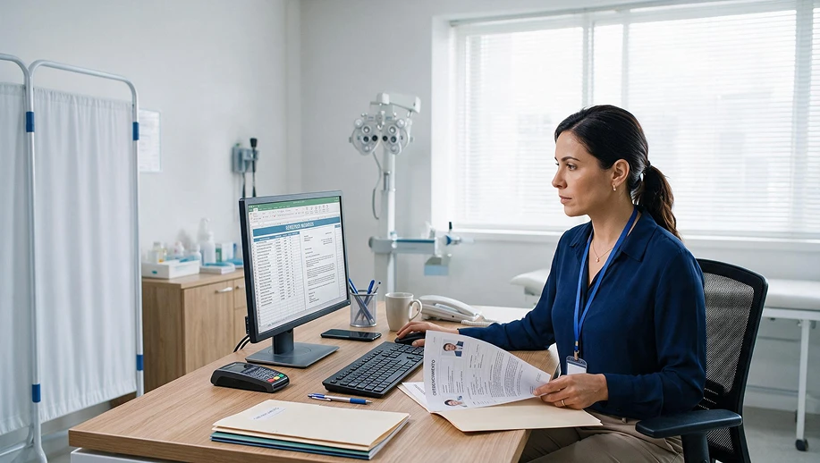 CRM Médico em consultório: profissional de saúde em escritório atendendo em frente a um computador com tela de sistema, enquanto revisa documentos sobre a mesa.