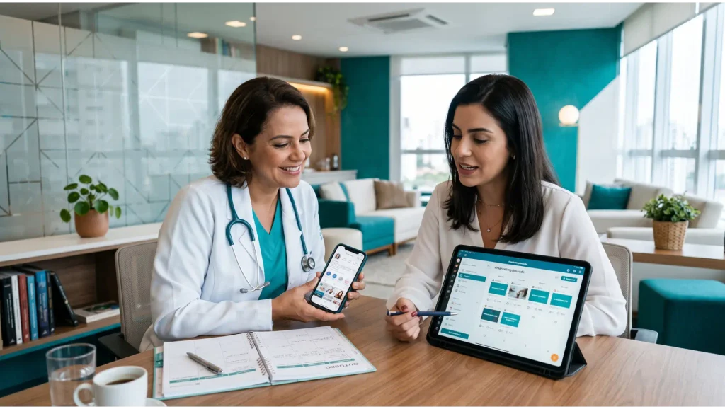 Duas médicas em um consultório moderno conversam e usam dispositivos com aplicativos de saúde, enquanto analisam informações em tablets e celular; Redes Sociais para médicos.