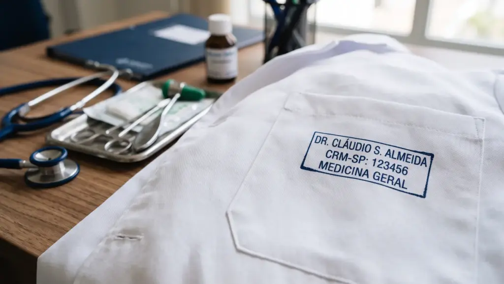 CRM Médico em roupa de consultório com etiqueta visível: “DR. CLÁUDIO S. ALMEIDA”, CRM-SP: 123456 e MEDICINA GERAL, ao lado de estetoscópio e materiais em mesa clínica.