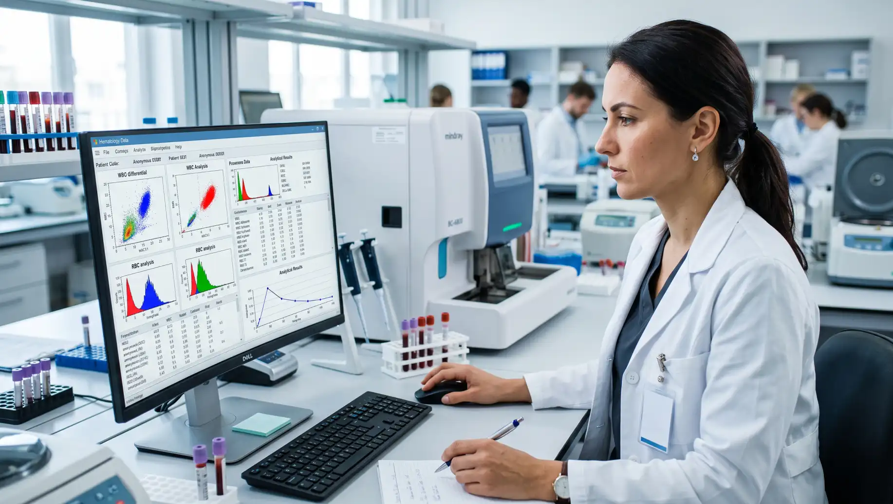 Afip: cientista realiza análise em computador com gráficos e números na tela, ao lado de amostras e equipamentos modernos em ambiente clínico