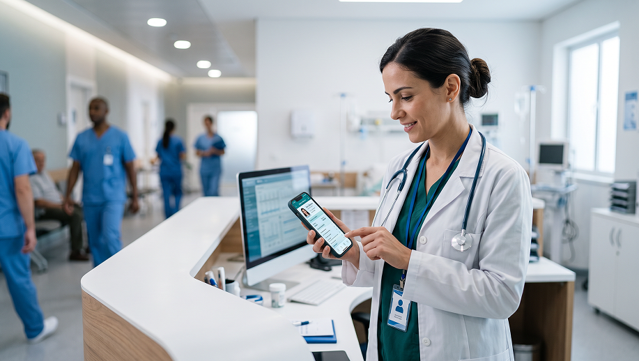 CRM Médico: médica sorridente em consultório conversa com paciente idosa sentada, enquanto analisam documentos e dados em tablet na mesa