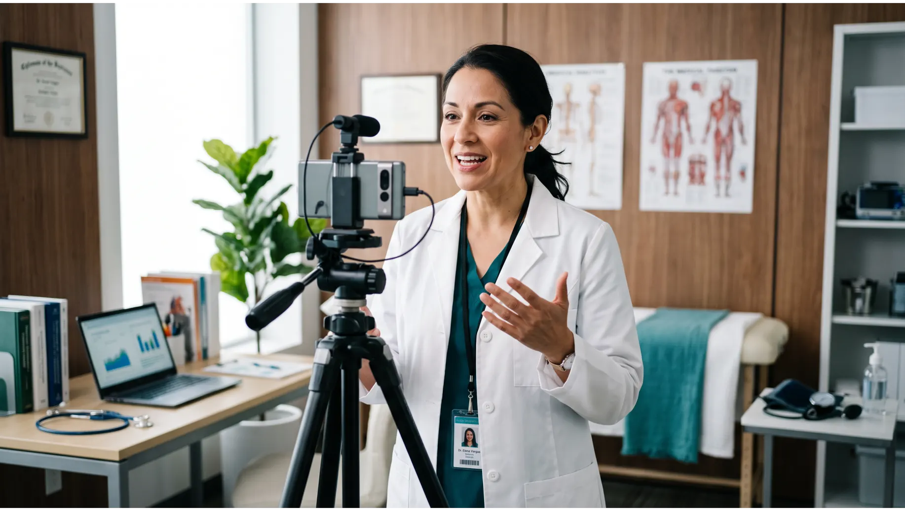 Médica em consultório fala diante de uma câmera em tripé, fazendo um registro para conteúdo online e usando um notebook na mesa. Apoio para Redes Sociais para médicos.