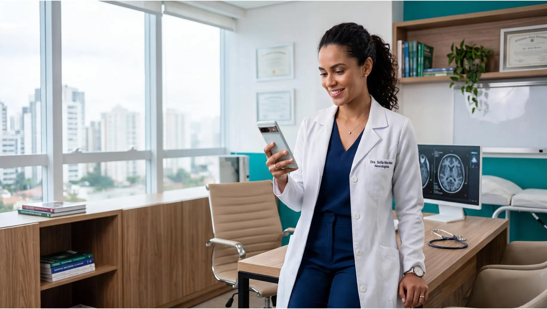 Fotografia hiper-realista de uma médica e uma profissional de marketing de saúde planejando uma estratégia de comunicação digital em uma clínica moderna, analisando smartphone, tablet e calendário de conteúdo. Ambiente médico sofisticado, colaboração profissional, elementos discretos de redes sociais e planejamento, predominância de verde-petróleo #009e8b, branco e tons neutros, composição horizontal 16:9, sem textos ou logotipos.