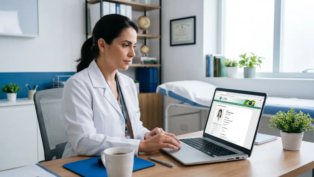 Médica em consultório analisando dados no notebook com interface de CRM Médico em uma tela, enquanto aguarda em mesa com caneca, bloco e vasos de plantas ao fundo.