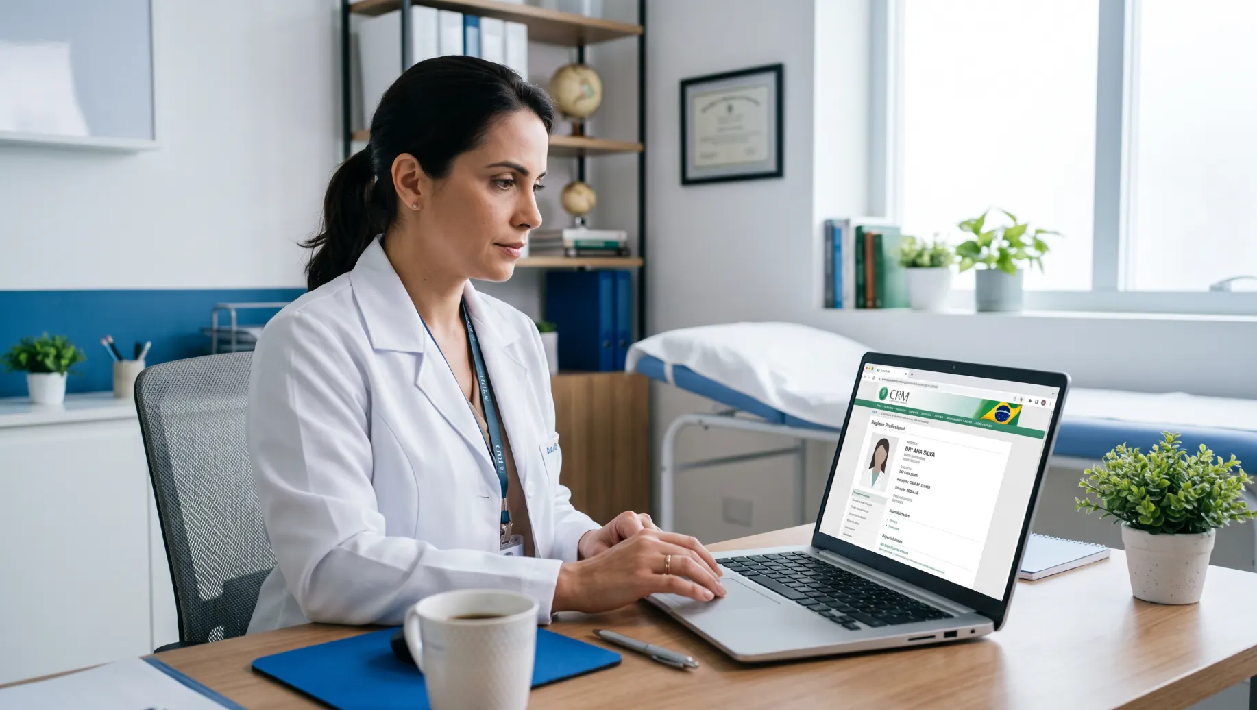 Médica em consultório analisando dados no notebook com interface de CRM Médico em uma tela, enquanto aguarda em mesa com caneca, bloco e vasos de plantas ao fundo.