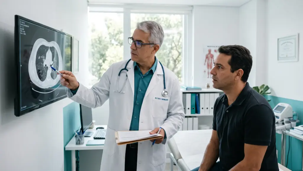 Médico aponta para exame de imagem em monitor de raio-X enquanto conversa com paciente em clínica, com prontuário na mão. CID-10 R04
