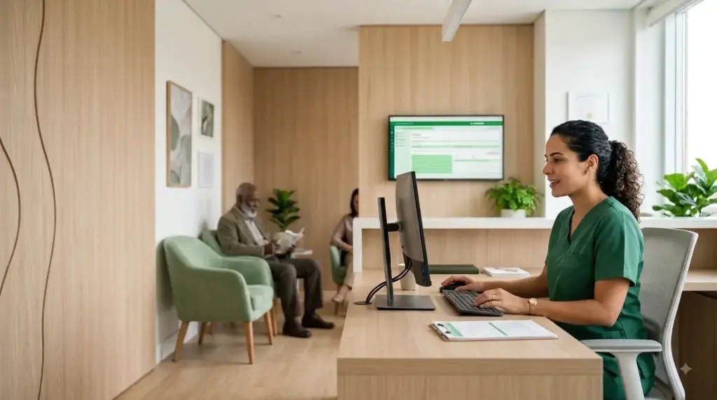 Profissional de saúde em ambiente corporativo atendendo e acompanhando pacientes em videoconferência em uma recepção moderna, com monitores e equipe ao fundo. Melhorias Julho 2026