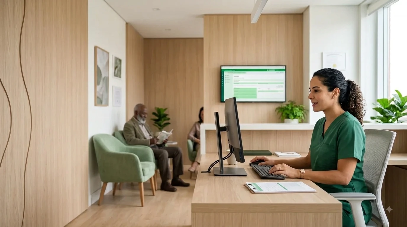 Profissional de saúde em ambiente corporativo atendendo e acompanhando pacientes em videoconferência em uma recepção moderna, com monitores e equipe ao fundo. Melhorias Julho 2026