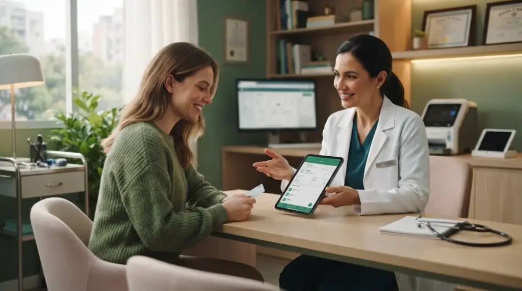 RDC nº 1.000/2025: o que muda nas receitas digitais: Atendimento em consultório: uma paciente conversa com uma profissional de saúde enquanto visualiza informações em um celular com tela de app, em ambiente de recepção
