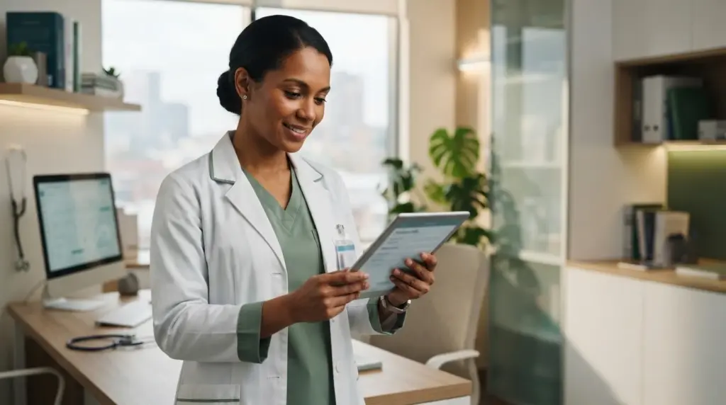 RDC nº 1.000/2025: o que muda nas receitas digitais: Médica em consultório usando tablet e verificando documentos, com aparência de rotina profissional em ambiente de saúde.