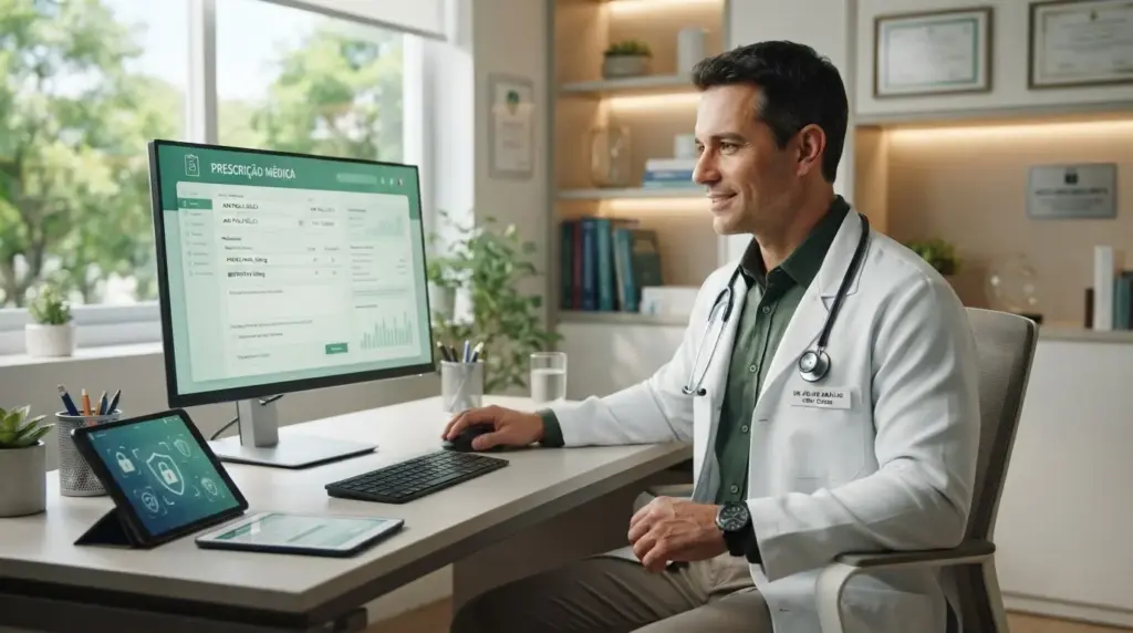 Médico em consultório digital, atendendo em frente a monitores com tela de prescrição médica e tecnologia de saúde, em ambiente profissional. RDC nº 1.000/2025: o que muda nas receitas digitais