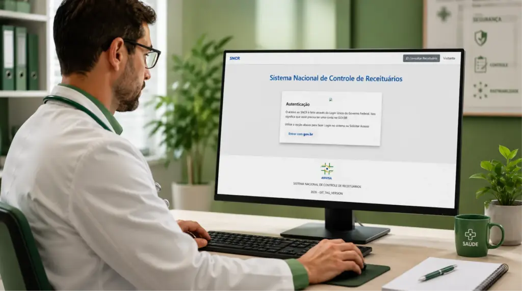 RDC nº 1.000/2025: o que muda nas receitas digitais: Profissional de saúde em escritório utiliza computador com tela do Sistema Nacional de Controle de Receituários (SNCR), com fundo institucional e materiais de trabalho sobre mesa.