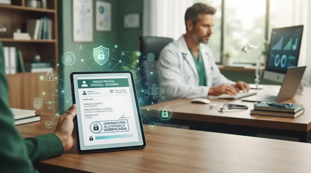 Profissional de saúde em consultório usando tablet com interface de prescrição digital segura e assinatura verificada, simbolizando mudanças nas receitas digitais segundo a RDC nº 1.000/2025: o que muda nas receitas digitais.