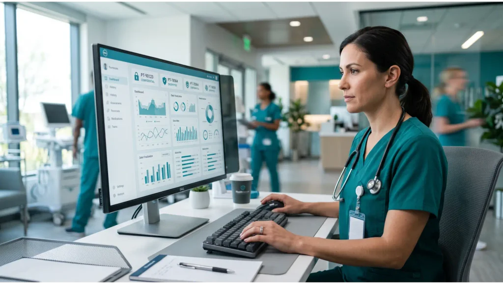 Redes Sociais para médicos: Médica em uma clínica usando computador com um painel de dados em tela e escrevendo no teclado, enquanto usa estetoscópio no ambiente de atendimento.