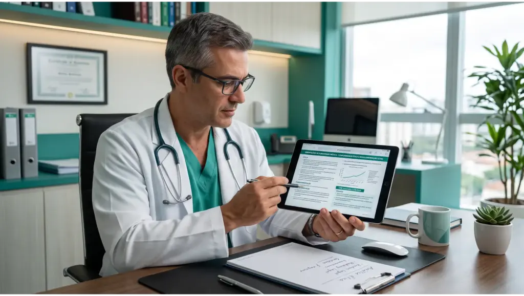 Médico em consultório analisando relatórios em uma tela de tablet, usando fones e instrumentos sobre a mesa, em um ambiente corporativo que remete a Redes Sociais para médicos.