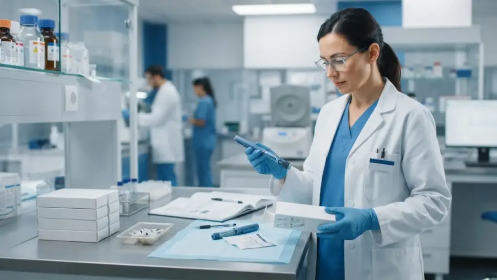 semaglutida: Profissional de laboratório em ambiente clínico manipula seringas e materiais em bancada, com frascos e instrumentos ao fundo; foco em pesquisa e preparo de medicamentos.