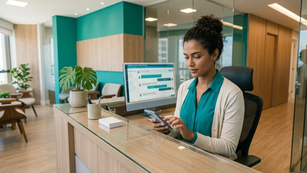 6 modelos de mensagem de whatsApp: Atendente em escritório moderno usando o celular enquanto responde mensagens em atendimento ao cliente, com monitor ao fundo e ambiente corporativo. Comunicação digital para WhatsApp.