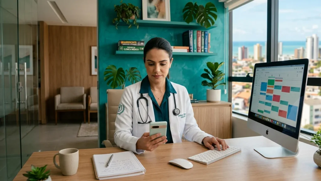 6 modelos de mensagem de whatsApp: Médica em consultório usando celular e computador com interface de planilha, enquanto analisa informações; ambiente moderno com plantas ao fundo.