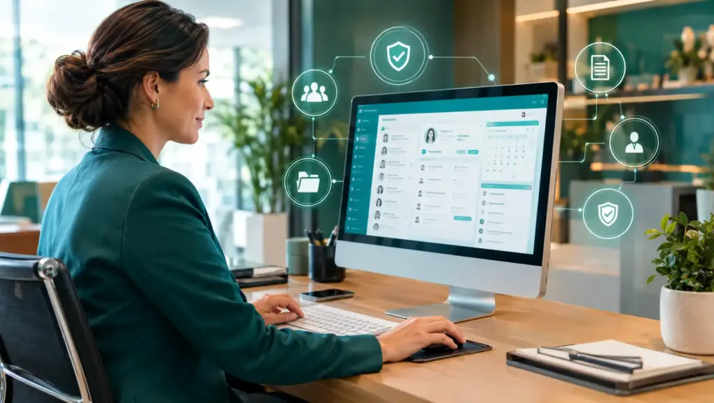 Mulher em escritório usando computador com interface de mensagens e ícones de segurança, enquanto elabora textos para 6 modelos de mensagem de whatsApp no dia a dia