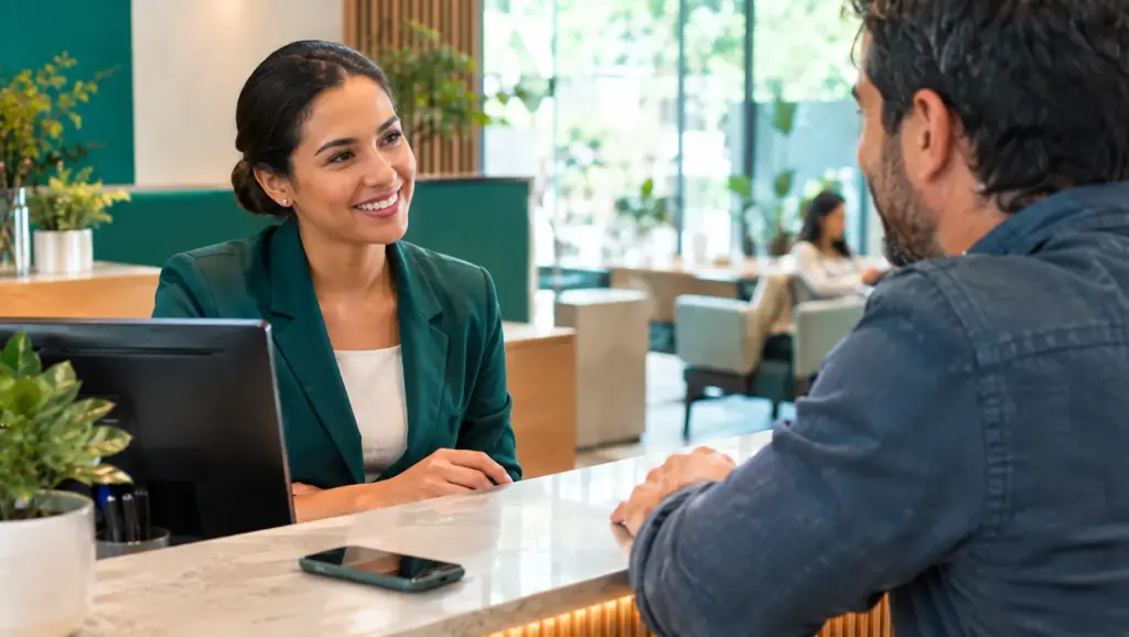 6 modelos de mensagem de whatsApp: mulher sorridente em atendimento no escritório conversa por videochamada em um computador e usa o celular sobre a mesa, em clima de comunicação profissional.