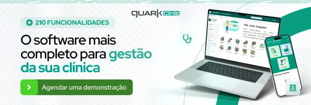 Imagem promocional do QuarkClinic vs Clínica nas Nuvens com destaque para software de gestão de clínica, mostrando um notebook e celular com interfaces do sistema.