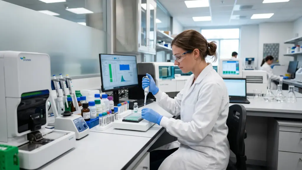 Pesquisadora em laboratório de química analisa amostras em bancada com pipeta e luvas, ao lado de computadores e equipamentos, em um ambiente controlado de CFM.