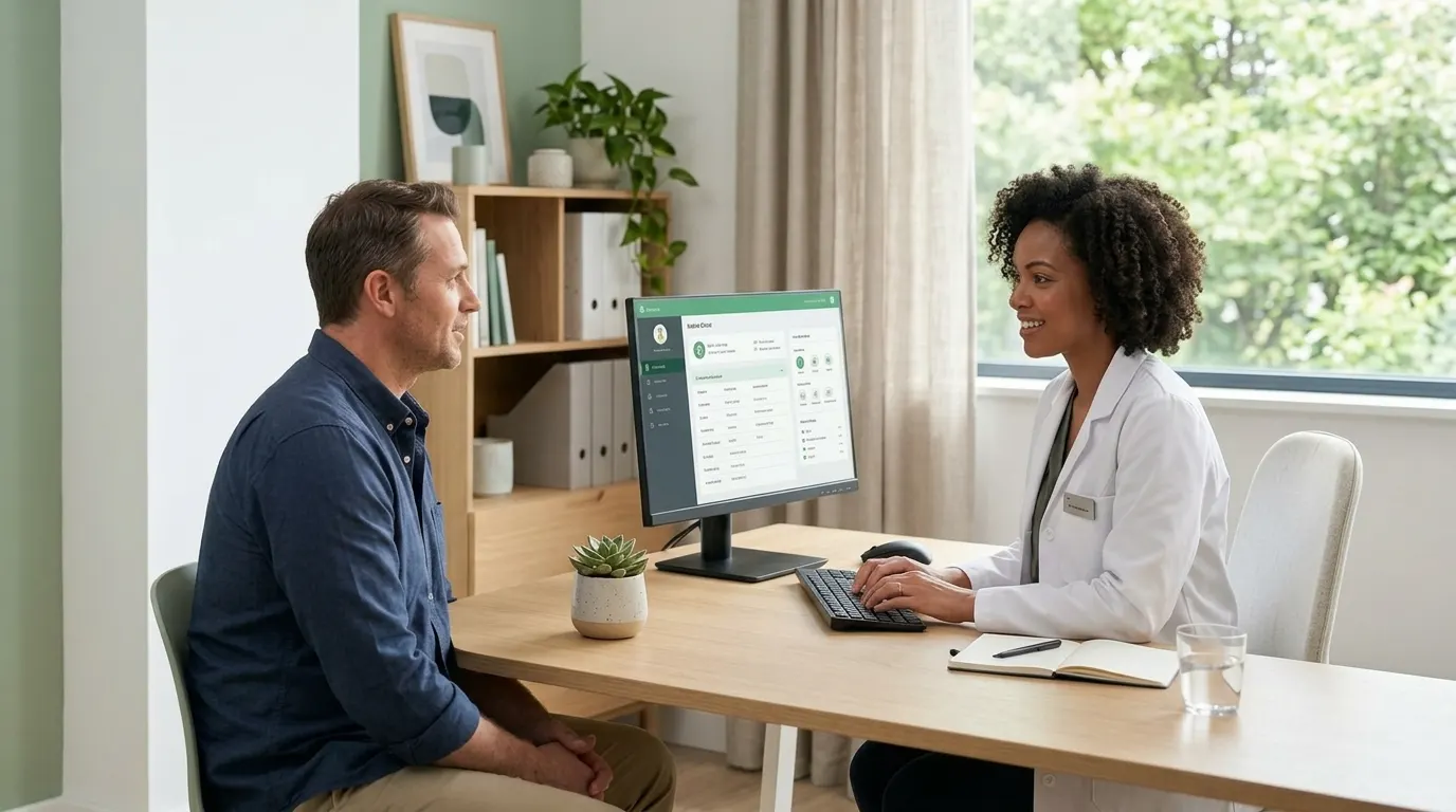 Médica conversa com paciente em consultório enquanto analisa um painel de sistema no computador, representando melhorias agosto 2026 em atendimento e gestão de saúde