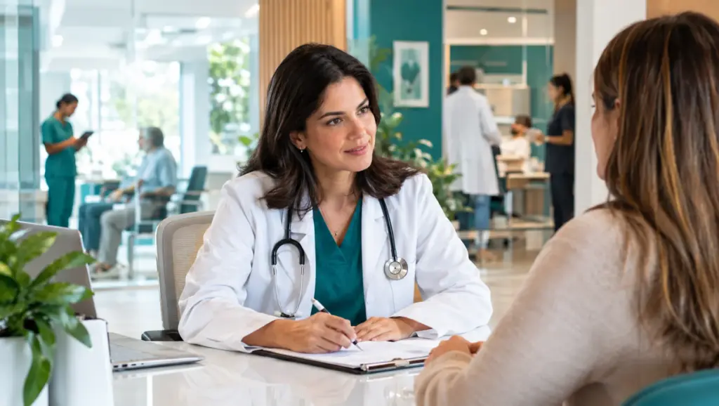Médica em consultório, usando jaleco branco e estetoscópio, conversa com uma paciente sentada à mesa enquanto anota informações em um atendimento clínico, psicologia e psiquiatria e saúde mental