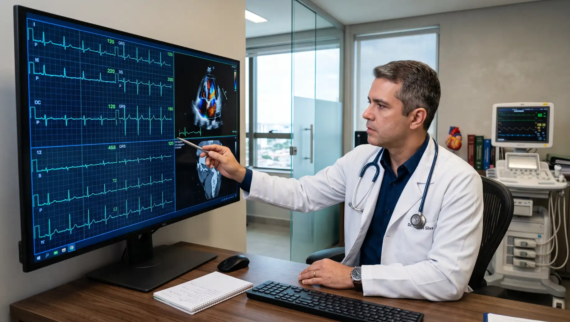 Médico em consultório hospitalar analisando um monitor com gráfico de batimentos cardíacos no computador, enquanto prepara avaliação clínica; infarto é um dos temas associados à triagem cardíaca.