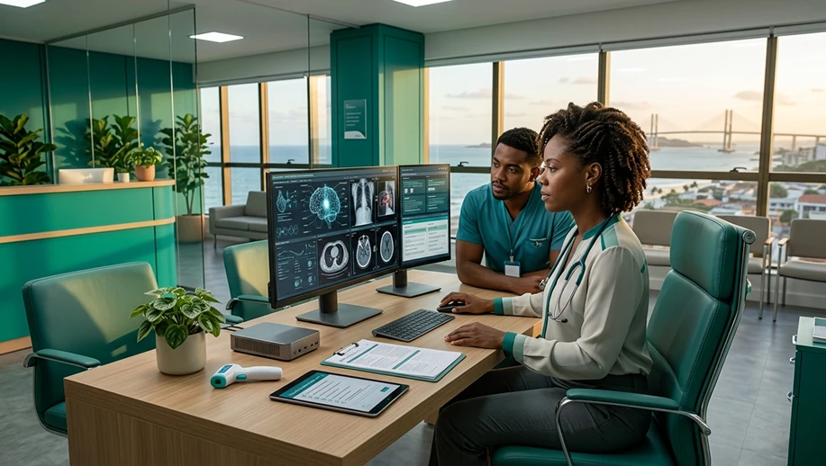 Médicos analisando telas em um consultório moderno com computadores e prontuários digitais, enquanto um paciente aguarda atendimento; ambiente de Melhores Sistemas de Prontuário Eletrônico com registros clínicos na tela.