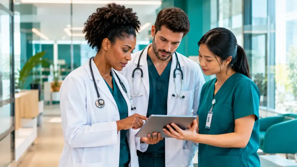 Equipe de profissionais de saúde em hospital, com médicos analisando em conjunto uma tela de tablet enquanto discutem prontuário eletrônico; suporte à tecnologia Melhores Sistemas de Prontuário Eletrônico