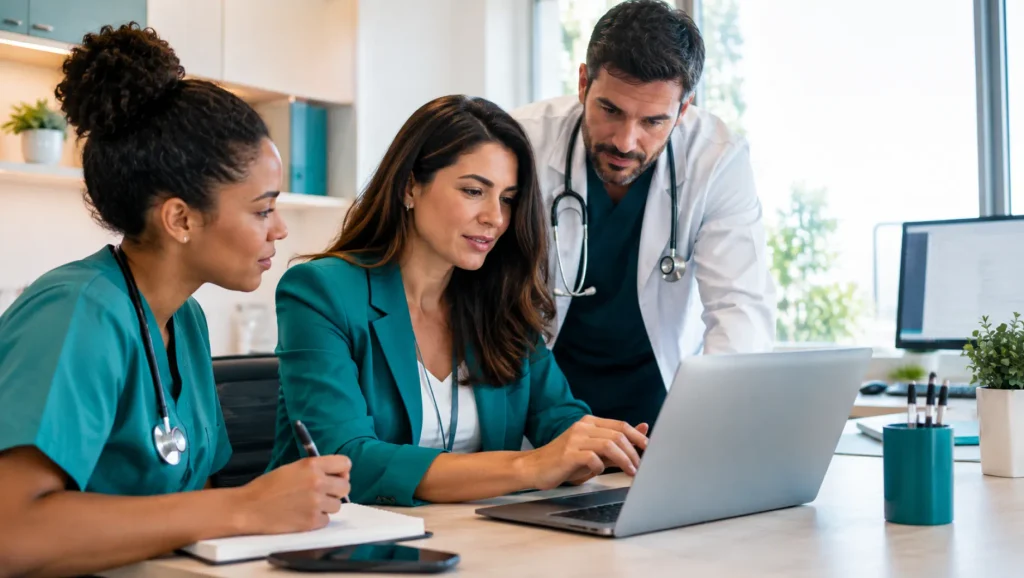 Melhores Sistemas de Prontuário Eletrônico: Médico conversa com paciente em consultório moderno, utilizando computador com prontuário eletrônico e teclado, com foco em tecnologia para atendimento de saúde