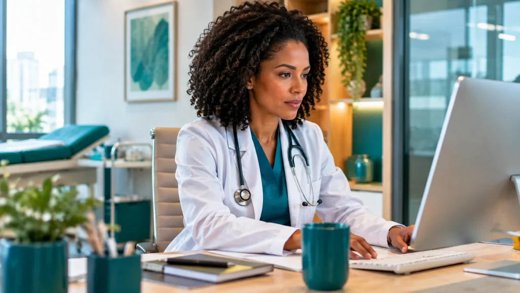 Médica em ambiente clínico utilizando um computador em um escritório, com estetoscópio ao redor do pescoço e prontuário eletrônico acessado na tela, sobre Melhores Sistemas de Prontuário Eletrônico.