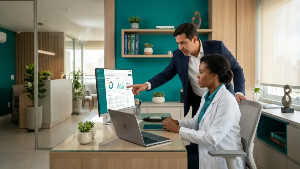 Melhores Sistemas de Prontuário Eletrônico: Médico e gestor analisam um painel de sistema em um monitor, em uma sala de escritório moderna, enquanto discutem relatórios de prontuário eletrônico