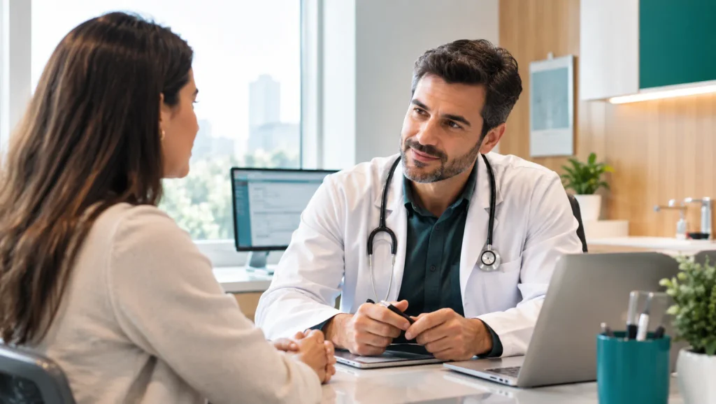 Melhores Sistemas de Prontuário Eletrônico: Médico conversa com paciente em consultório moderno, utilizando computador com prontuário eletrônico e teclado, com foco em tecnologia para atendimento de saúde