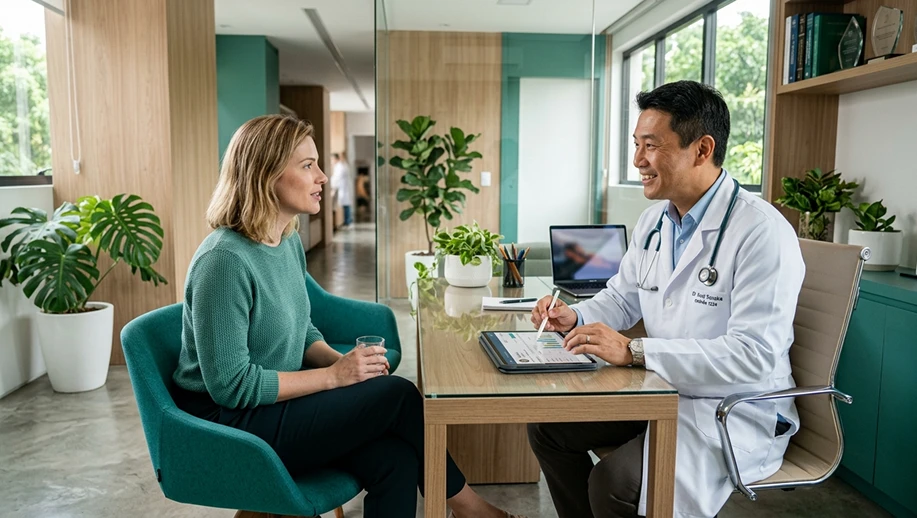 Médico em consultório conversa com paciente ao lado de um computador, usando prontuário eletrônico na tela, em ambiente moderno com plantas e recepção ao fundo. Melhores Sistemas de Prontuário Eletrônico.