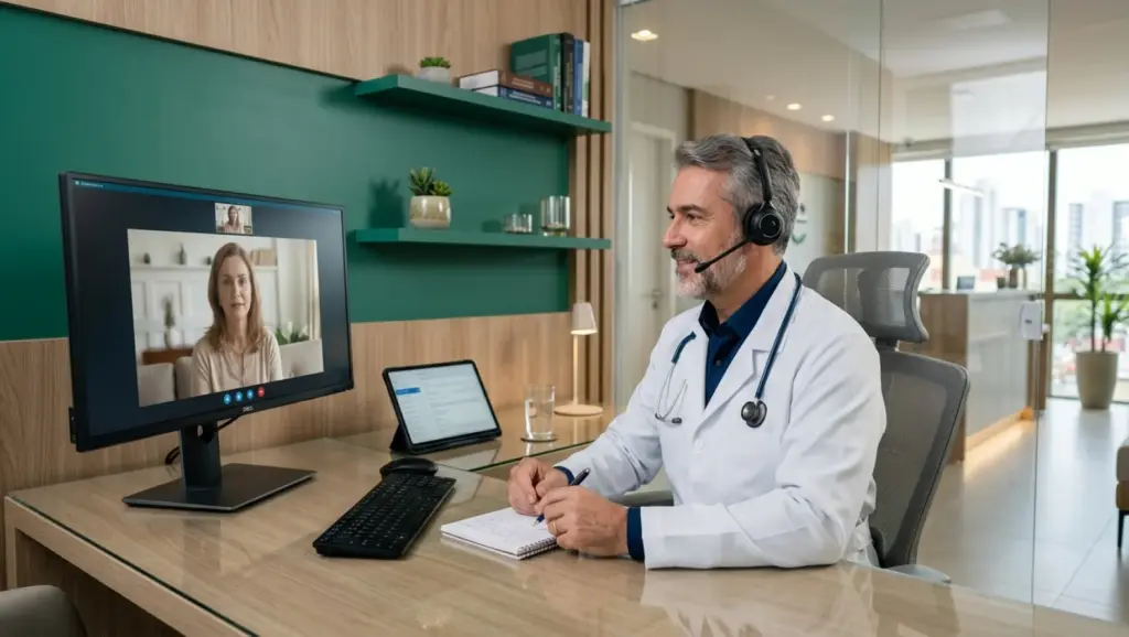 Médico em teleatendimento usando headset em consultório, falando em vídeo pela tela do computador; Melhores Sistemas de Prontuário Eletrônico