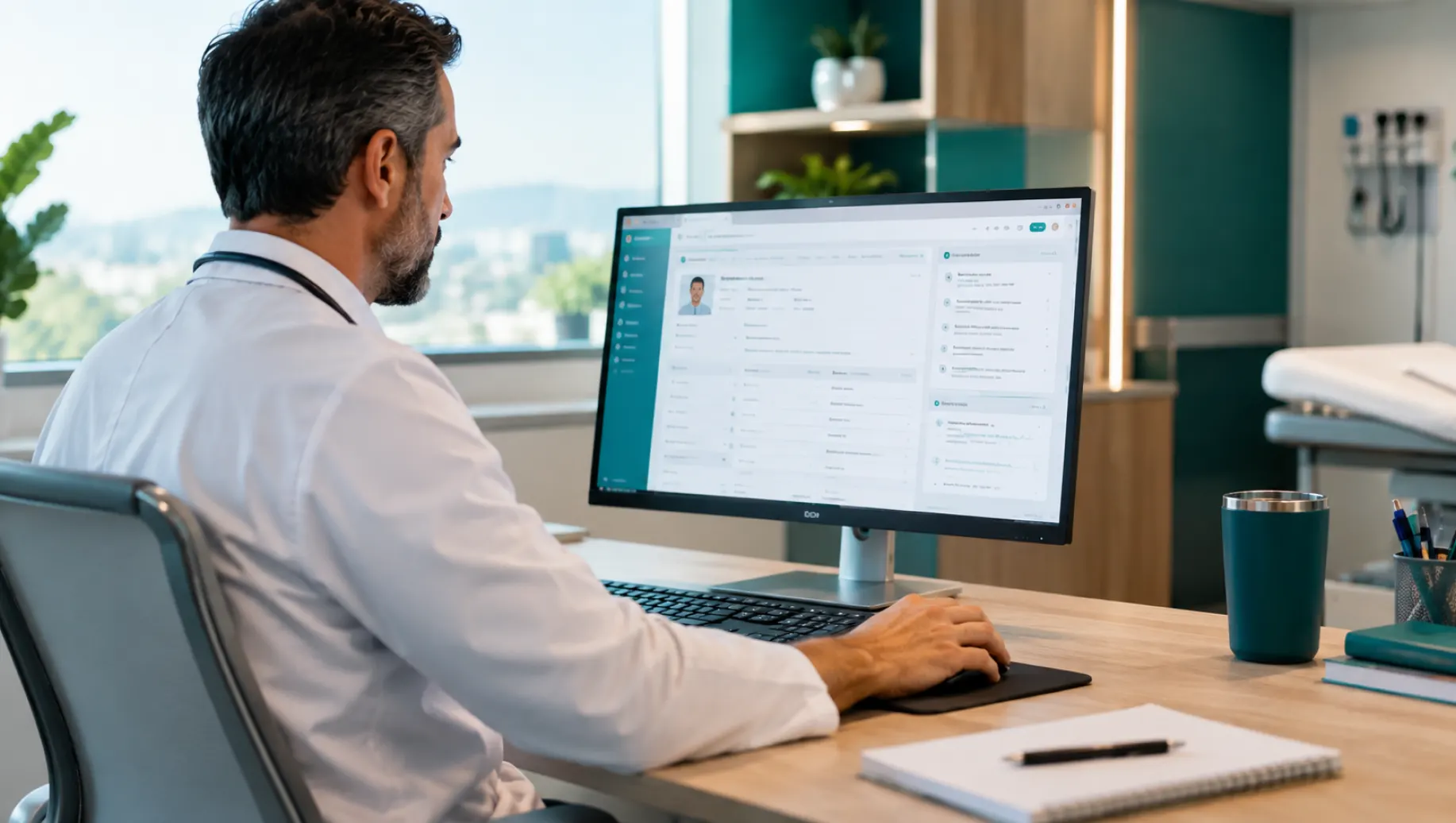 Melhores Sistemas de Prontuário Eletrônico: Profissional de saúde utiliza um computador em um escritório para acessar um prontuário eletrônico no monitor, com interface de cadastro e prontuários organizada.